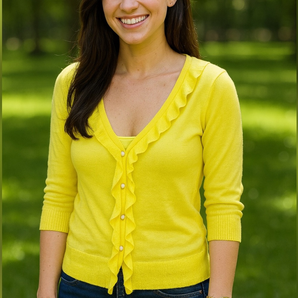 J Crew bright yellow linen ruffle cardigan sweater